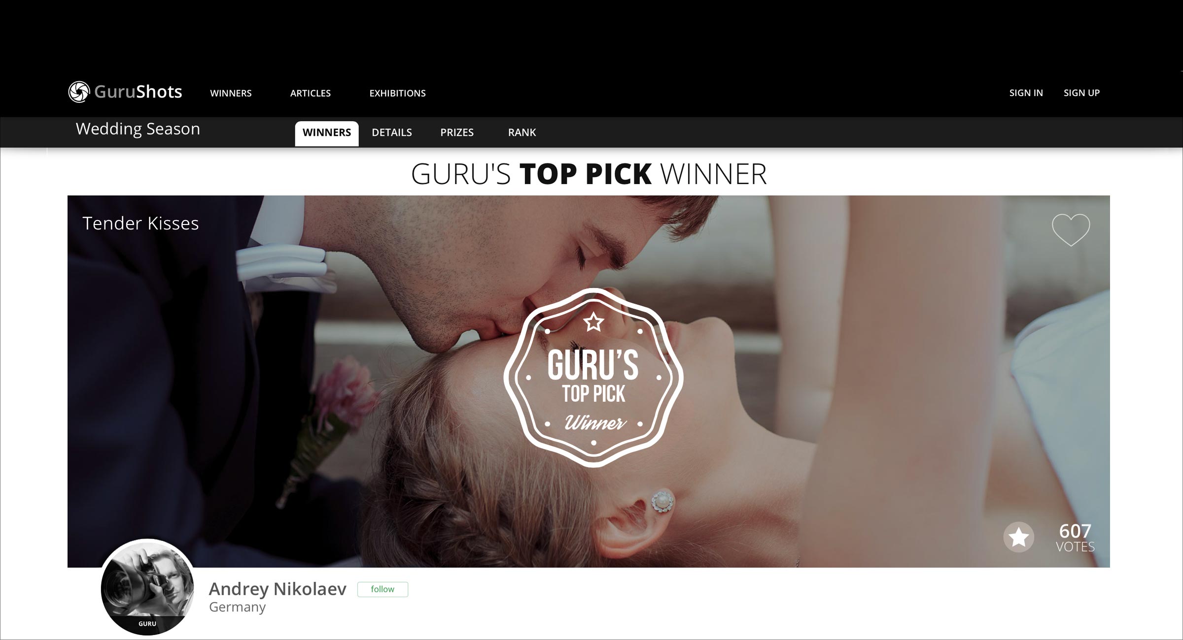„Zarte Küsse“ – Gewinner in der Kategorie „Guru’s Top Pick“ der „Hochzeitssaison“ Wettbewerb auf der GuruShots Plattform